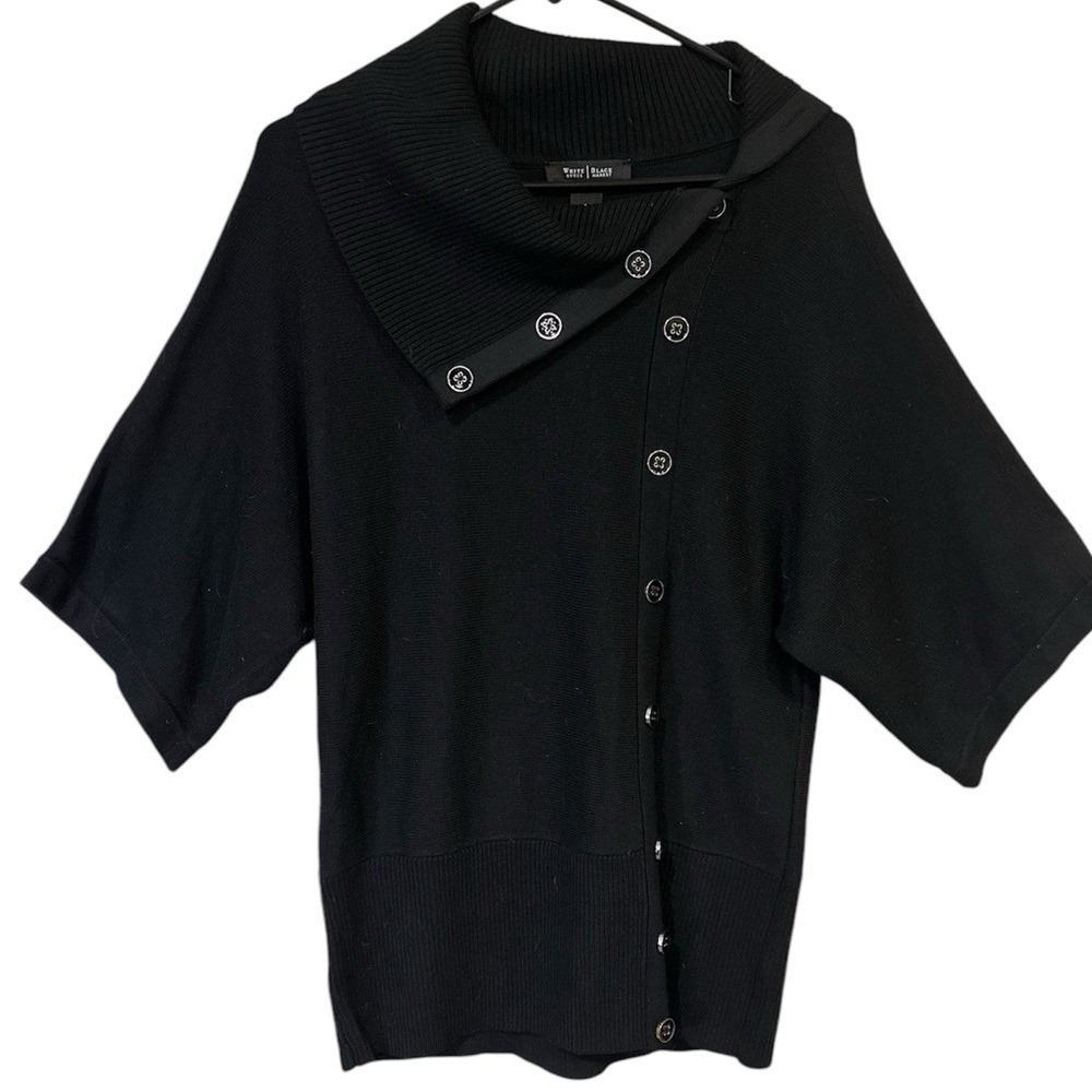 White House Black Market Women Sweater Top Black S Asymmetric Button Cowl Neck